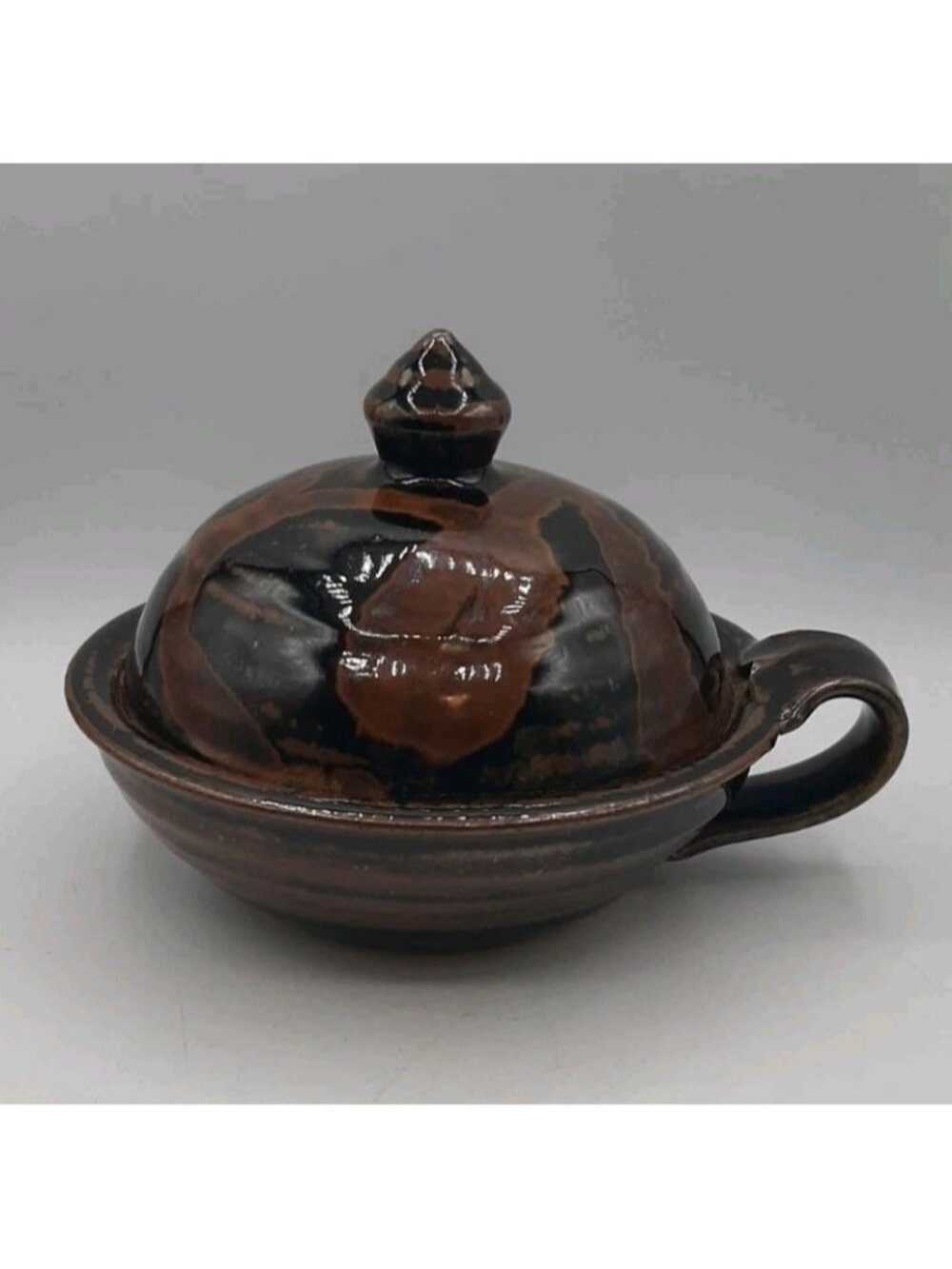 Vintage Studio Pottery Hand Made Butter Dish With Lid 7 1/2 In Wide With Handle